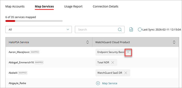 Screen shot of the PSA Integration Map Sevices list with the remove icon
