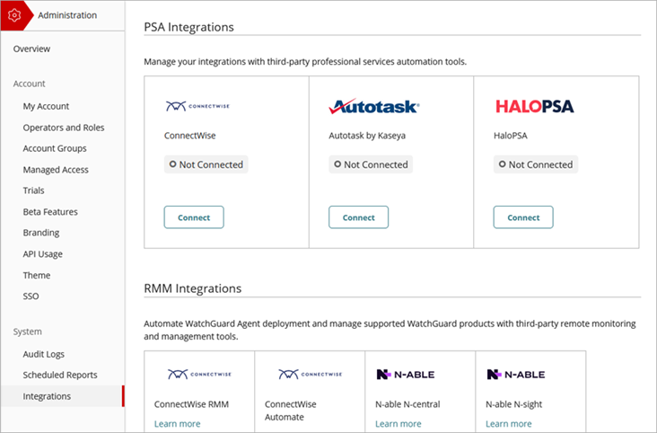 Screen shot of PSA Integrations page