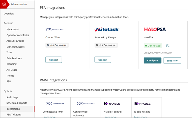Screen shot of PSA Integrations page