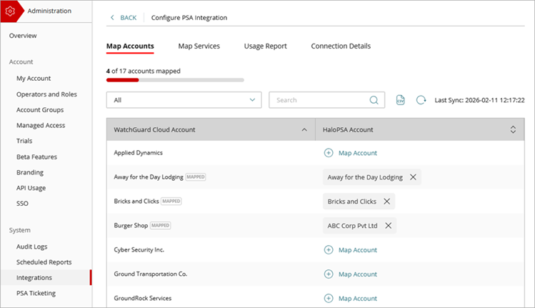Screen shot of the PSA Integration Map Accounts tab