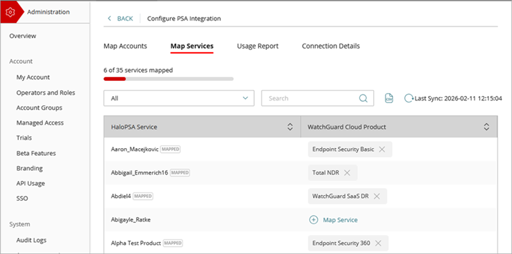 Screen shot of the PSA Integration Map Services tab