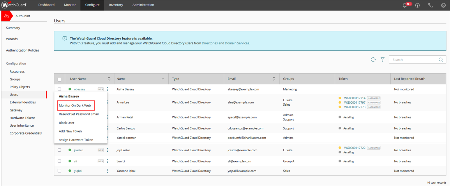 Screen shot of the Dark Web Monitor page.