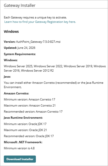 Screen shot that shows the Gateway section of the Downloads page.