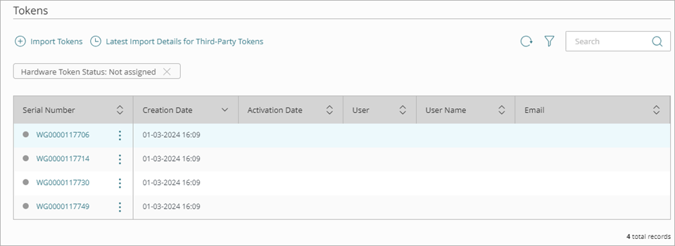 Screen shot that shows the hardware tokens list with filters applied.