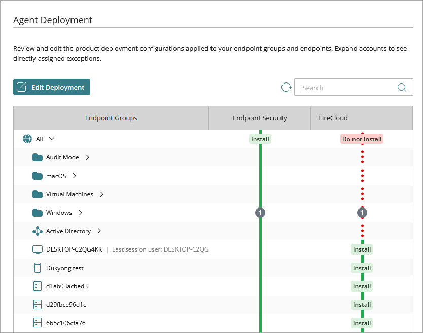 Screen shot of Agent Deployment page, install behavior