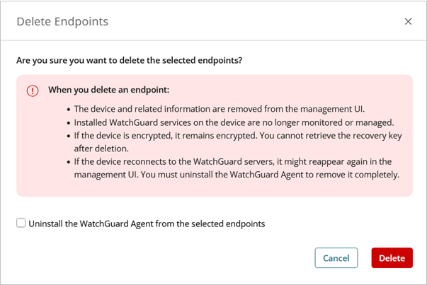 Screen shot of Delete Endpoints confirmation dialog box