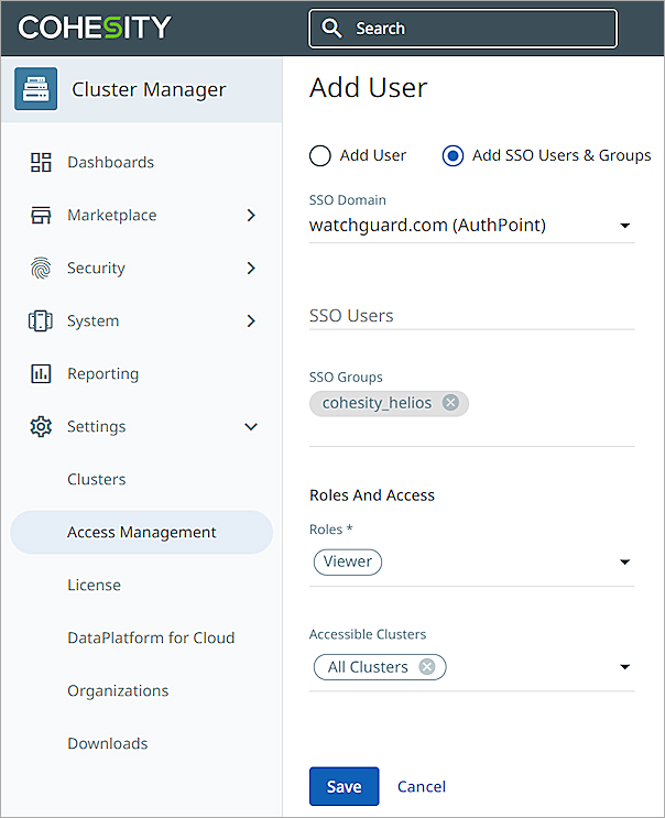 Screenshot of the Add User page in Cohesity.