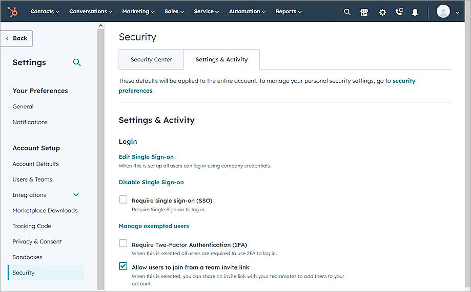 Screenshot of the Settings & Activity tab.