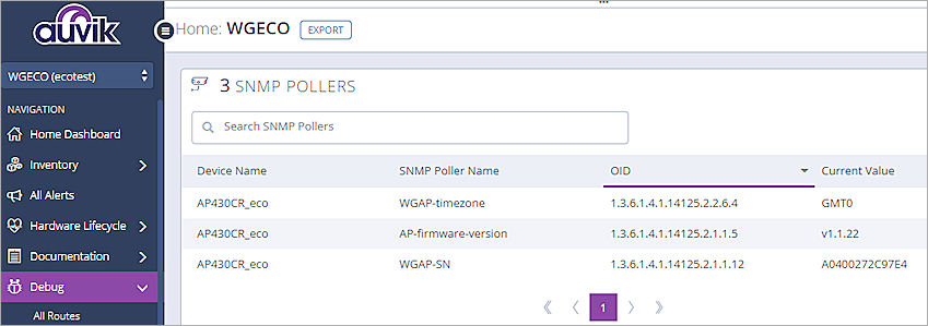 Screenshot of the SNMP Poller page in Auvik with additional pollers for serial number and time zone