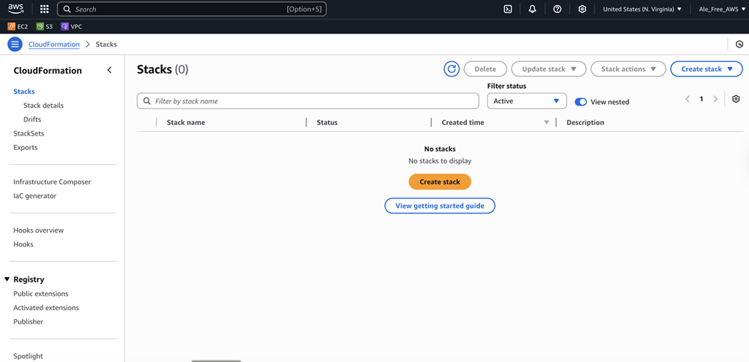 Screenshot of the CloudFormation Stacks page