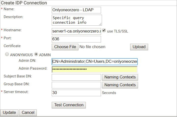 Screen shot for the SecureW2 Create IDP Connection to Active Directory