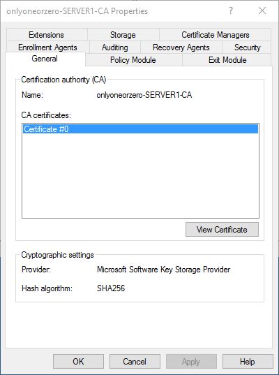 Screen shot of Microsoft Server 2016 Certificate Authority