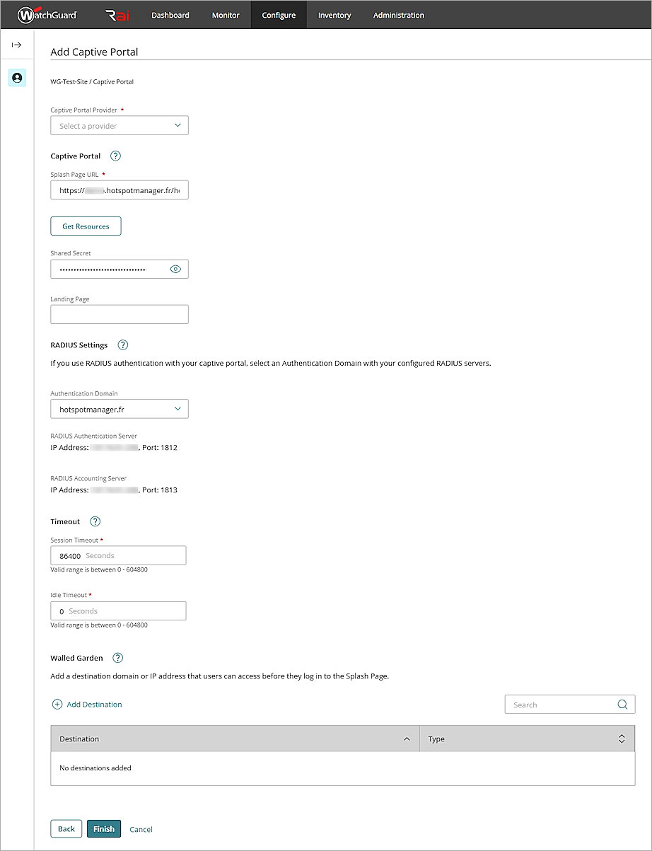 Screenshot of Captive Portal configuration in WatchGuard Cloud