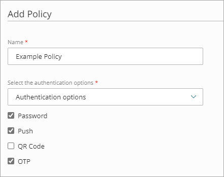 Screenshot of the authentication options selected for the authentication policy.
