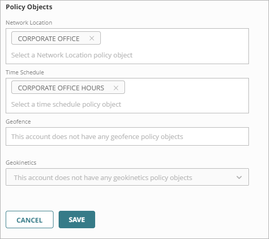 Screenshot of the Policy Objects drop-down list.