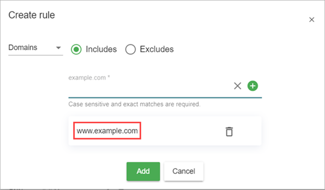 Screenshot of a Domains rule example that shows a website address (www.example.com) added to the rule