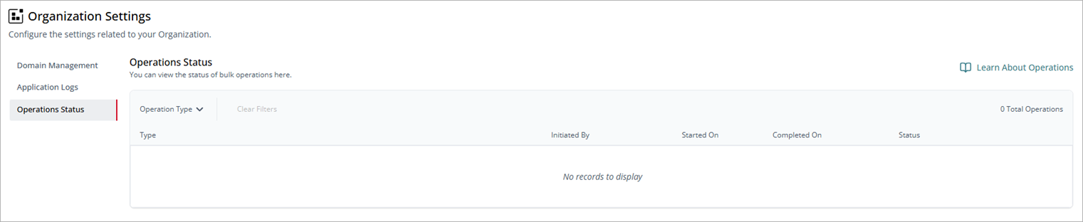 Screenshot of the Organization Settings > Operations Status page