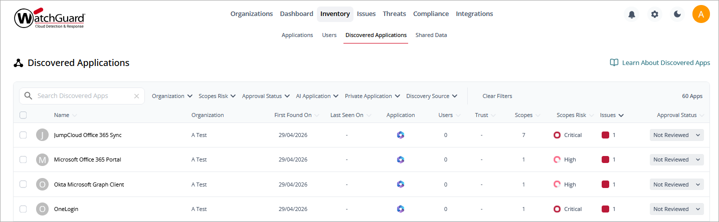 Screen shot of Discovered Applications, WatchGuard CloudDR