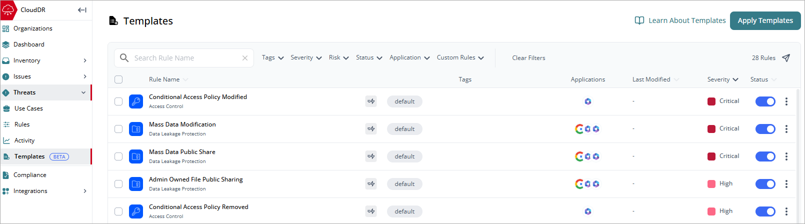 Screenshot of Threat > Templates page in CloudDR