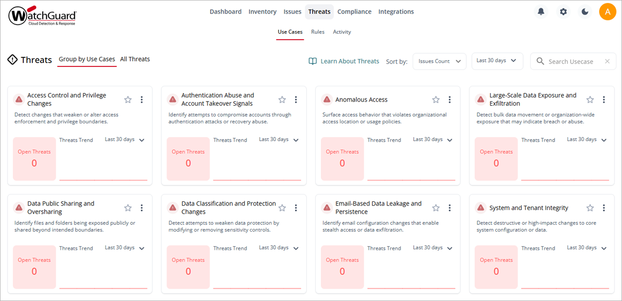 Screenshot of the Threats > Use Cases page