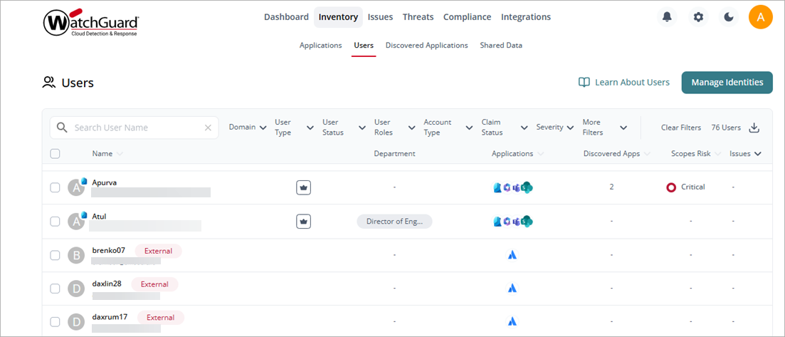 Screenshot of the Inventory > Users page
