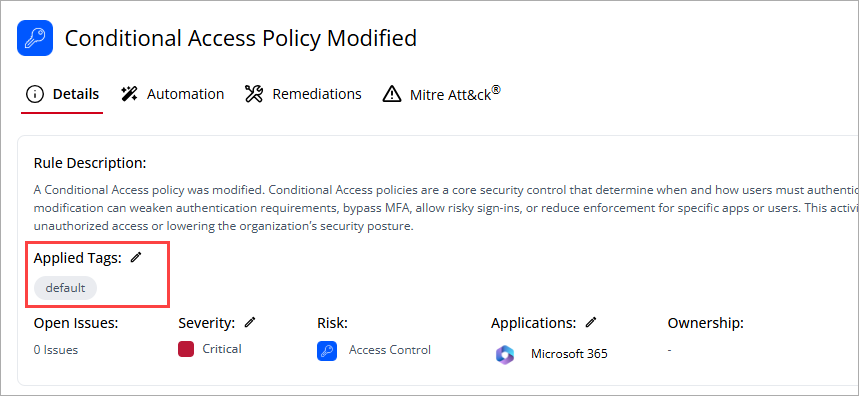 Screenshot of threat rule details page in CloudDR