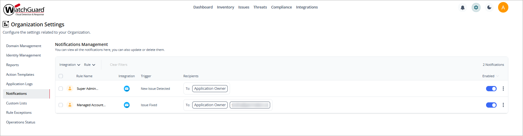 Screen shot of Notifications Management in CloudDR
