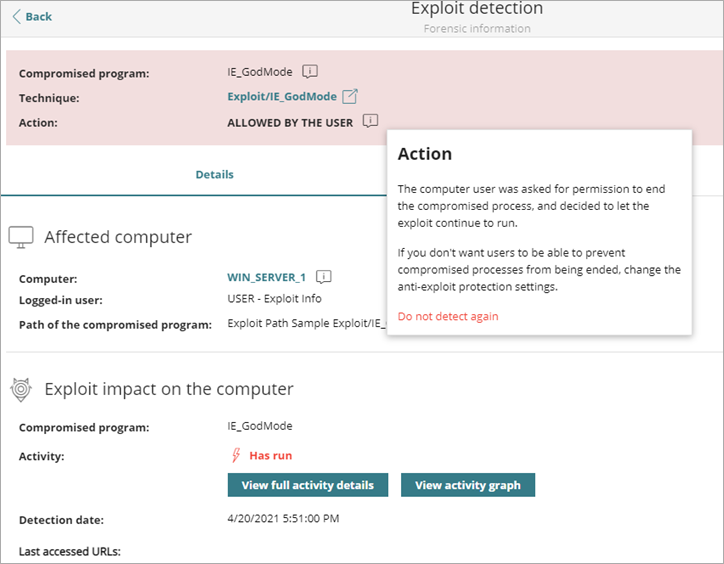 Screen shot of Exploit Detection action.