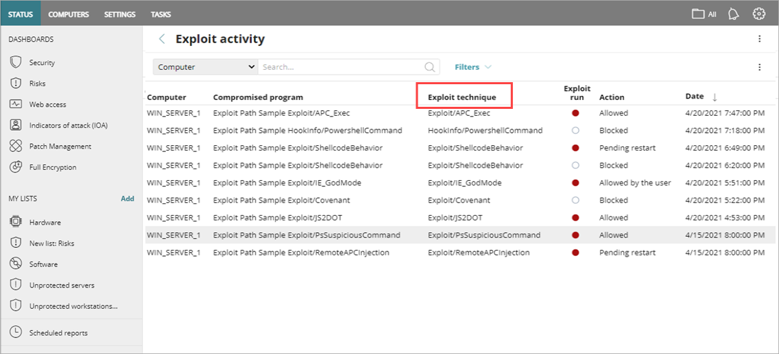 Screen shot of Exploit Techniques column in Exploit Activity list.