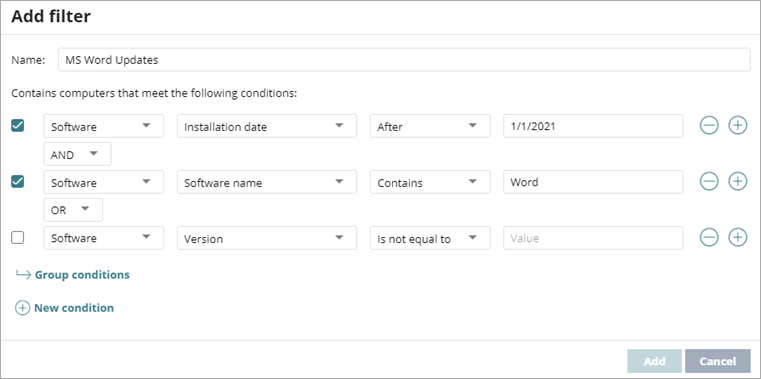 Screen shot of WatchGuard Endpoint Security, Add Filter dialog box with boolean operators