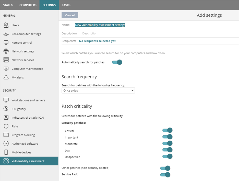 Screen shot of WatchGuard Endpoint Security, Vulnerability Assessment Settings