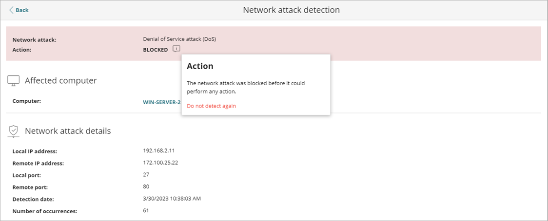 Screen shot of Network Attack Detection action.