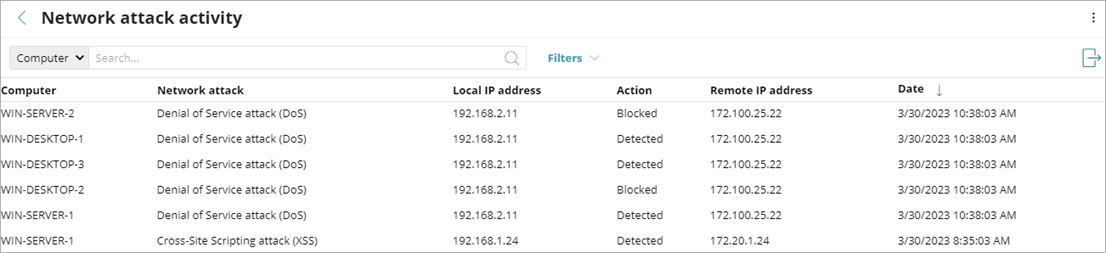 Screen shot of Network Attack Activity list