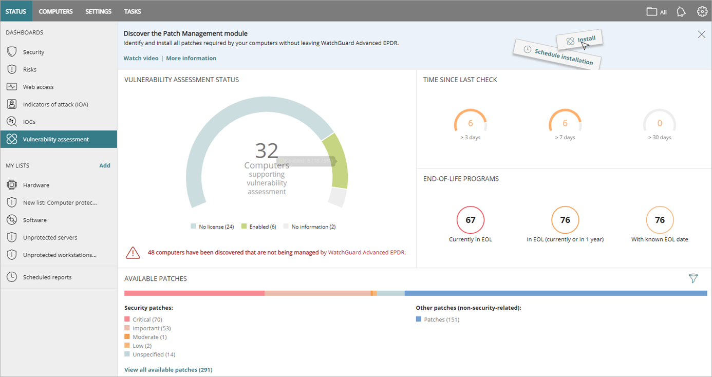 Screen shot of WatchGuard Endpoint Security, Vulnerability Assessment dashboard