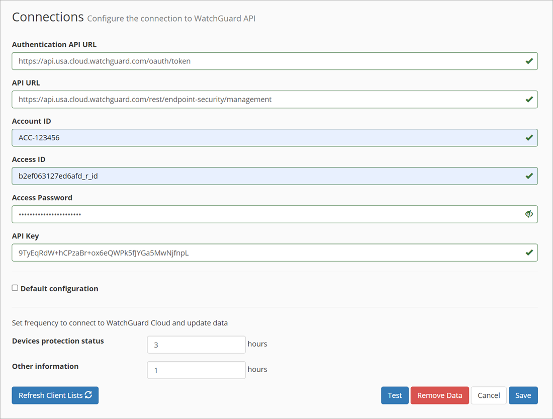 Screen shot of the Endpoint Security Plug-in for Kaseya VSA Connections page