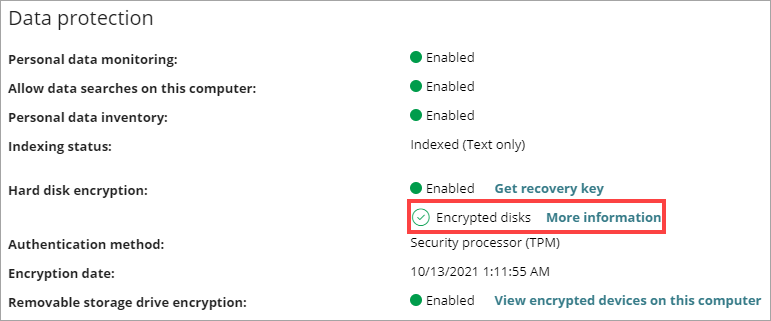 Screenshot of the Data Protection page
