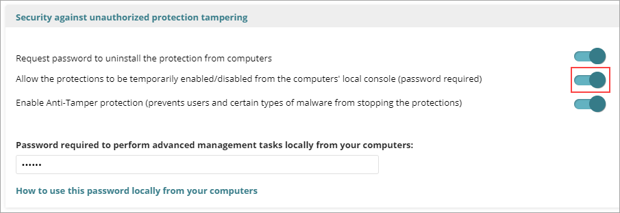 Screenshot of the Security Against Unauthorized Protection Tampering UI.