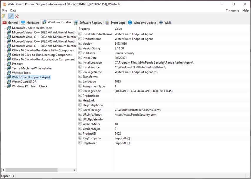 Screenshot of PSInfo Viewer Windows Installer tab