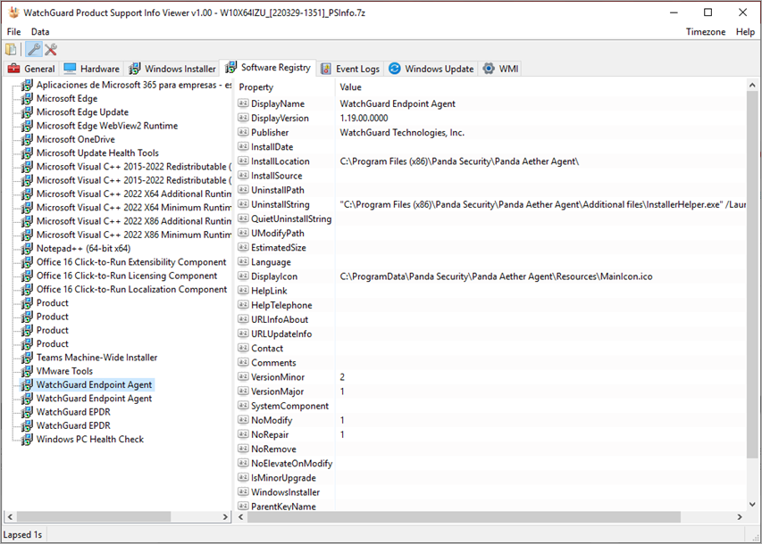 Screenshot of PSInfo Viewer Software Registry tab