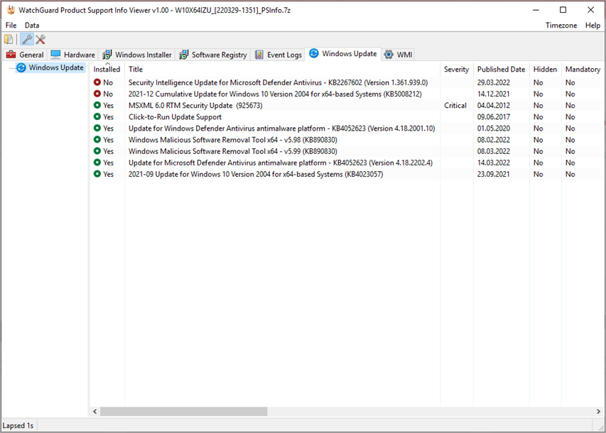 Screenshot of PSInfo Viewer Windows Update tab