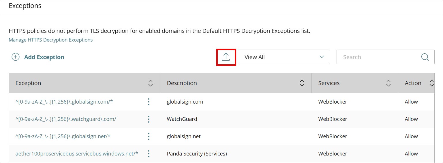 Screenshot that shows the import exceptions button on the FireCloud Exceptions page.