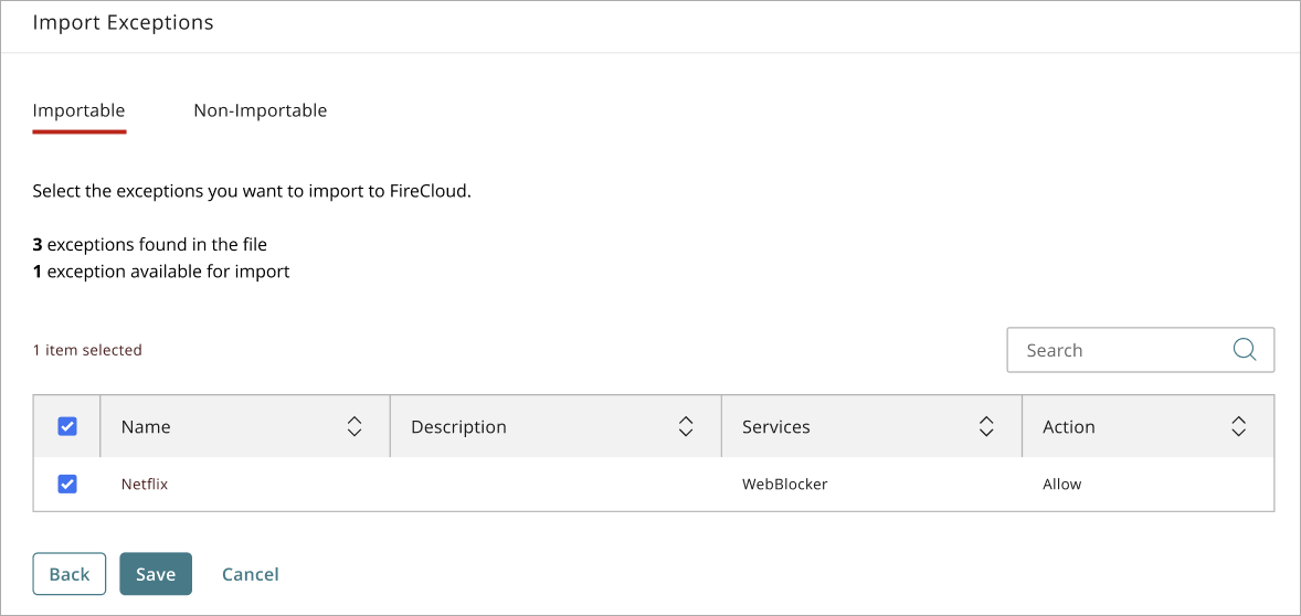 Screenshot that shows the list of exceptions that can be imported to FireCloud.