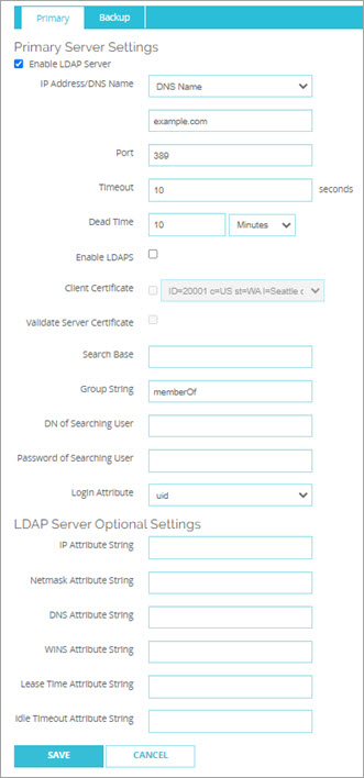 Screen shot of the Authentication Servers page, with the LDAP tab selected