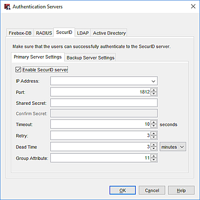 Screen shot of the Authentication Server dialog box, SecurID tab