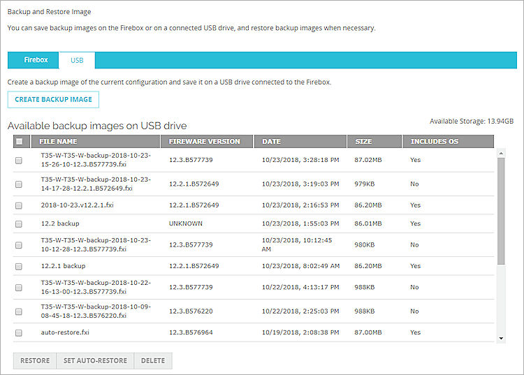 Screen shot of the Backup and Restore Image page USB tab