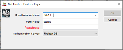 Screen shot of the Get Firebox Feature Keys dialog box in Policy Manager