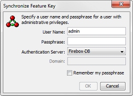 Screen shot of the Synchronize Feature Key dialog box with the Passphrase text box
