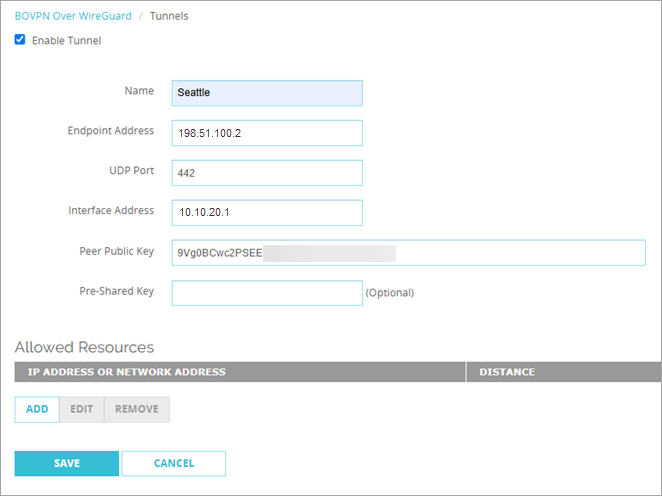 Screenshot of WireGuard tunnel settings with peer values