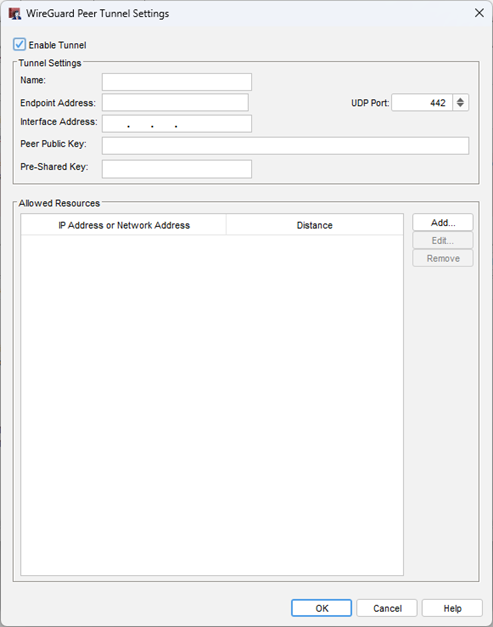 Screenshot of the WireGuard tunnel settings dialog box in Policy Manager