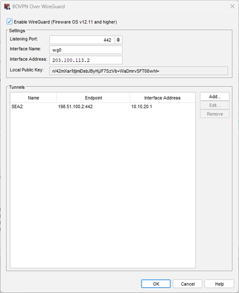 Screenshot of the WireGuard tunnels list in Policy Manager